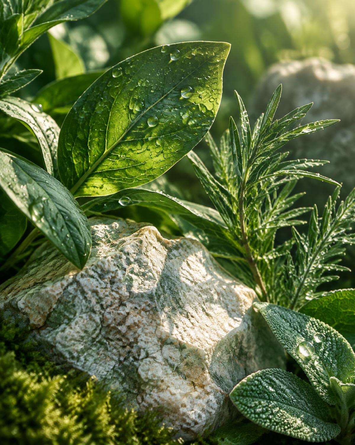 Fresh botanical leaves covered in morning dew