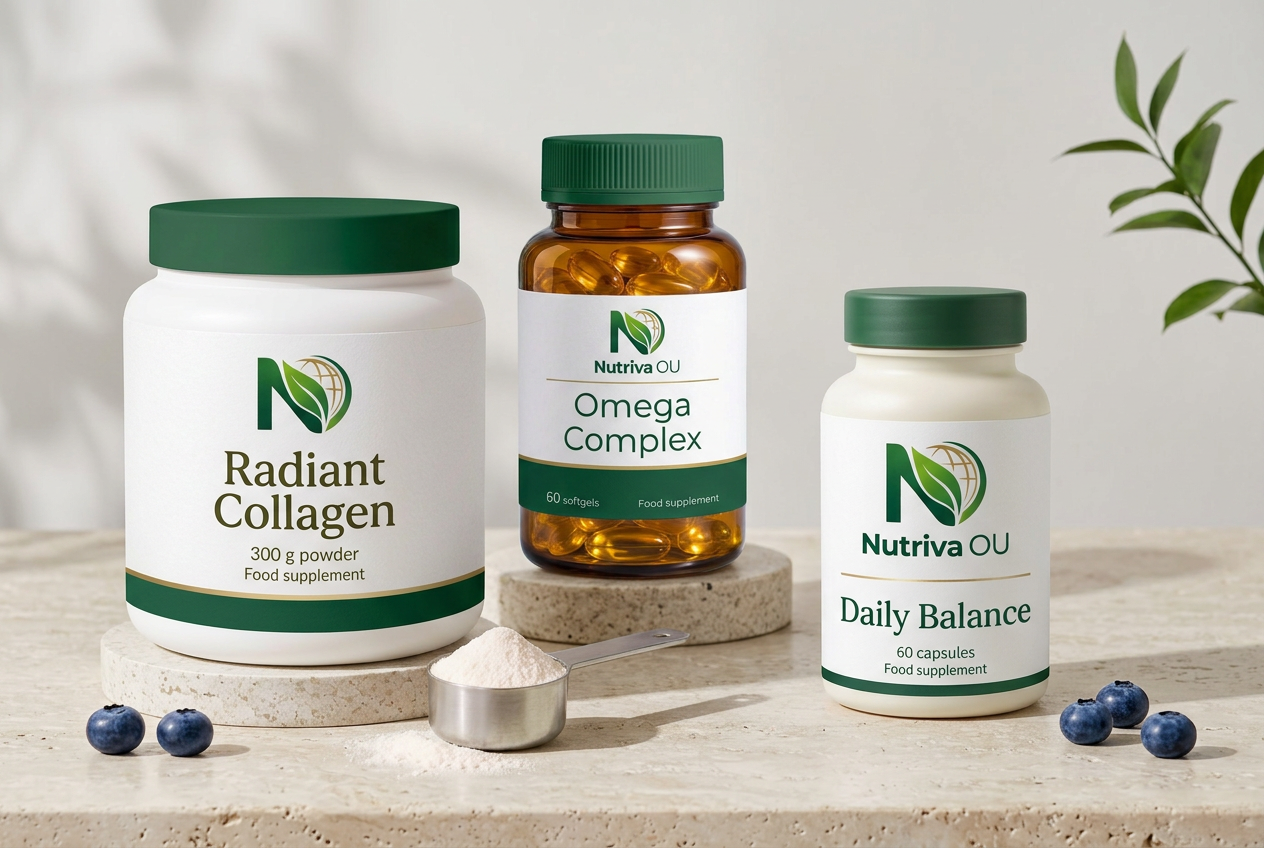 Nutriva branded Radiant Collagen, Omega Complex and Daily Balance packaging