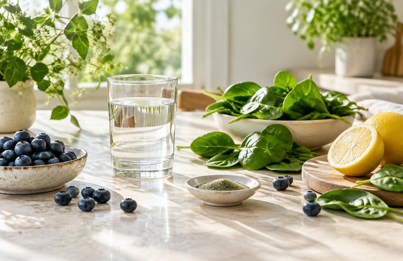 A bright morning wellness routine with water, leafy greens, lemon and blueberries